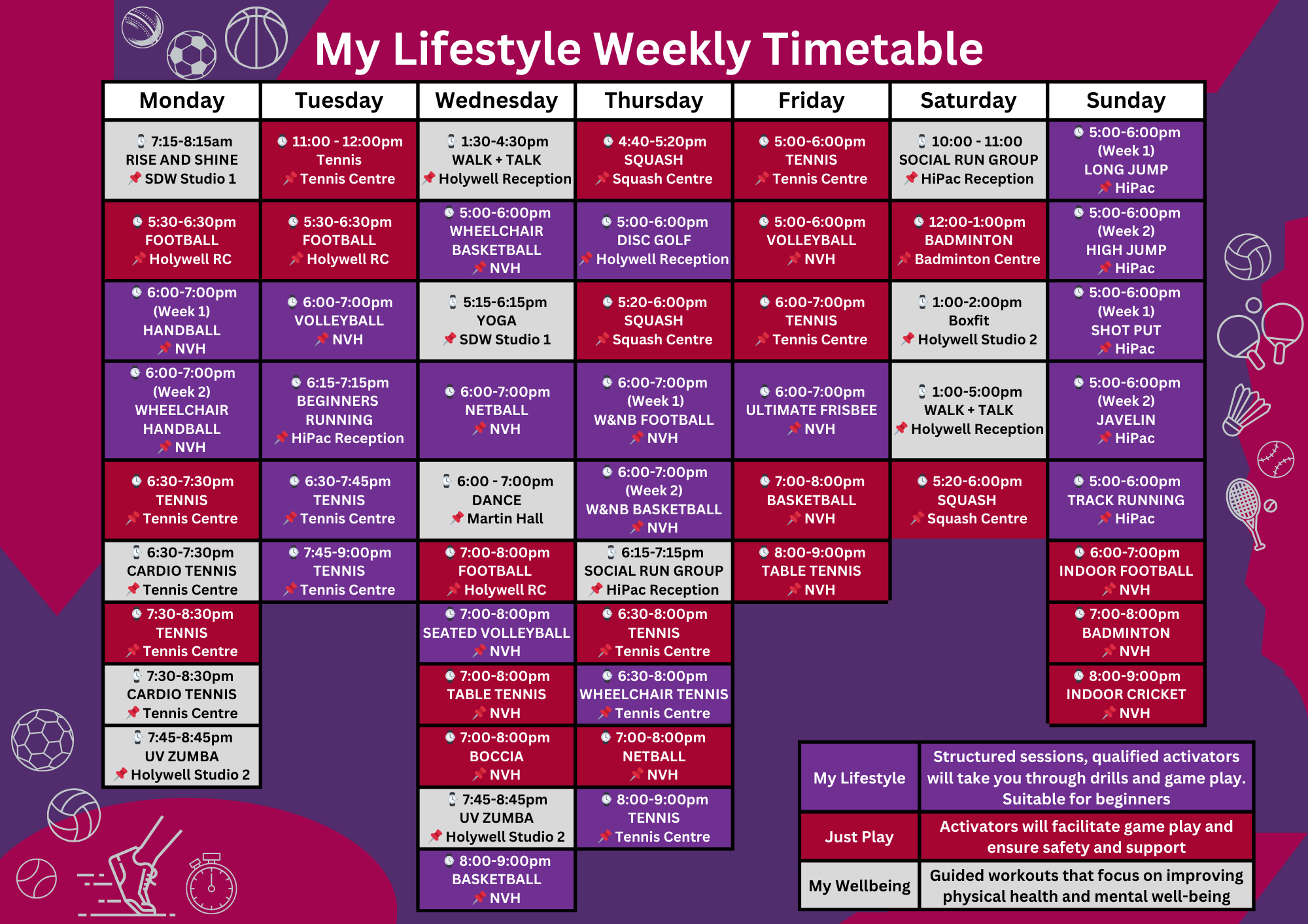 My Lifestyle Timetable with purple background and images of sports equipment on edge in grey. 
